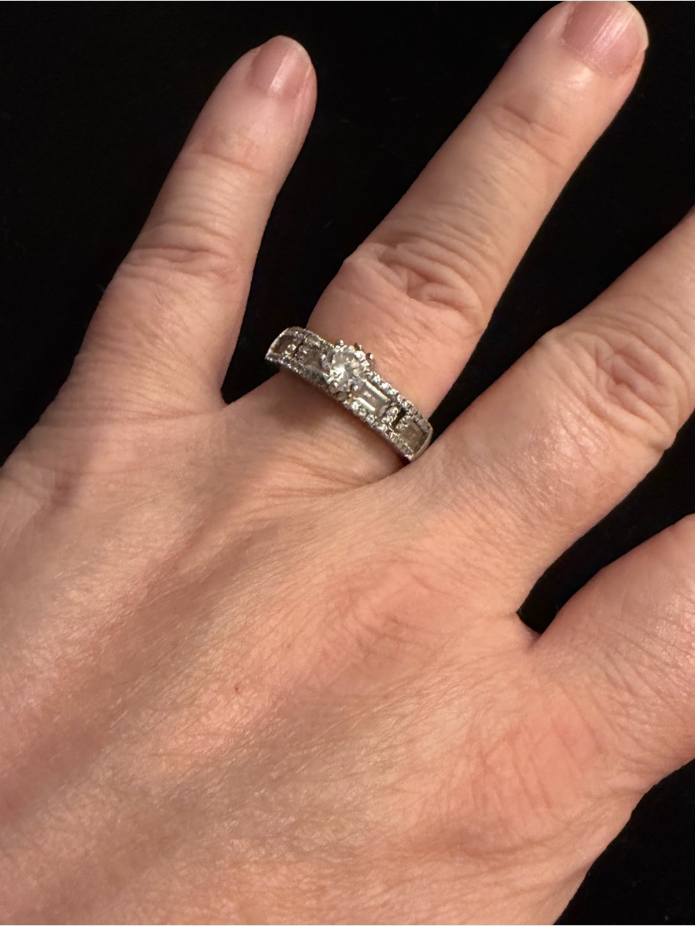 Vintage Silver Tone Ring with Clear Center Stone and Accent Gems